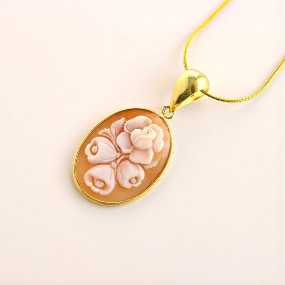 Italian Cameo Shell Flower Pendant Necklace 14k Gold Plated s925 - Picture 3 of 8